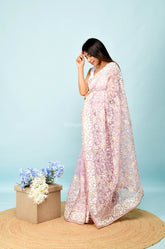 Heavy Chikankari Work On Light  Purple Organza Saree